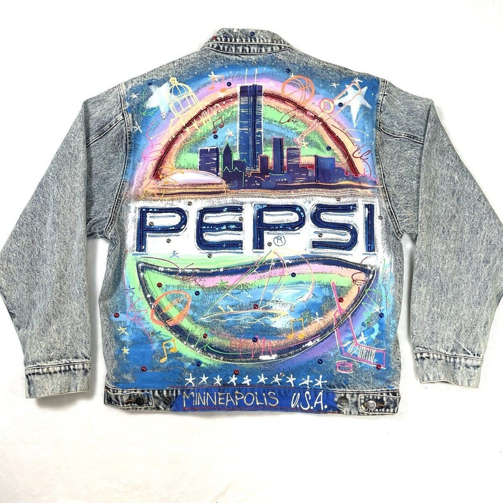 Vintage 80s Pepsi Minneapolis Hand Painted Denim Jacket Acid Wash Sz L